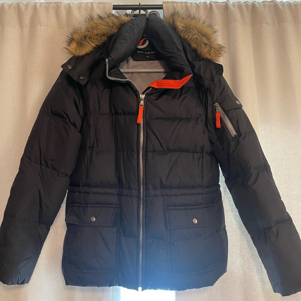 Marc Jacobs, New York black puffer coat with orange details